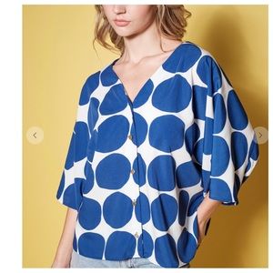 Large Ces Femme Boho V-Neck Blue Dotted Three-Quarters Sleeve Blouse Top